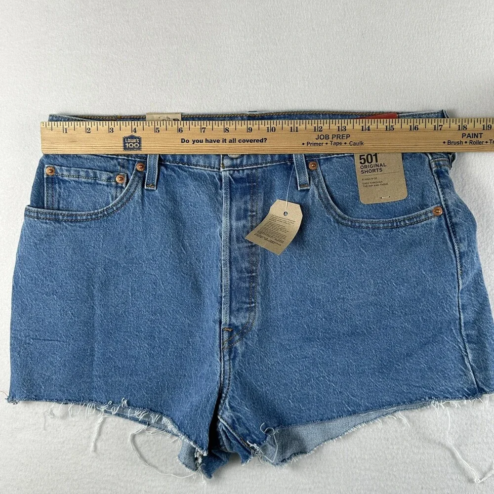 Levi's 501 Shorts Womens 34 Blue Denim High Rise Cutoff Button Fly Raw Hem